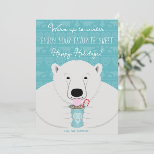Feestelijke hygge ijsbeer drinkt warme chocolademe kaart (Staand voorkant)