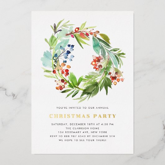 Feestelijke Juniper en Holly Wreath kerstfeest Folie Uitnodiging (Voorkant)