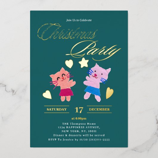 Feestelijke kalligrafie katten groen kerstfeest folie uitnodiging (Voorkant)