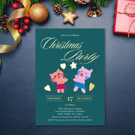 Feestelijke kalligrafie katten groen kerstfeest folie uitnodiging