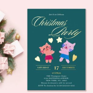 Feestelijke kalligrafie katten groene kerstfeest folie uitnodiging