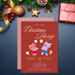 Feestelijke kalligrafie Moppige Katten Rode Kerstf Folie Uitnodiging