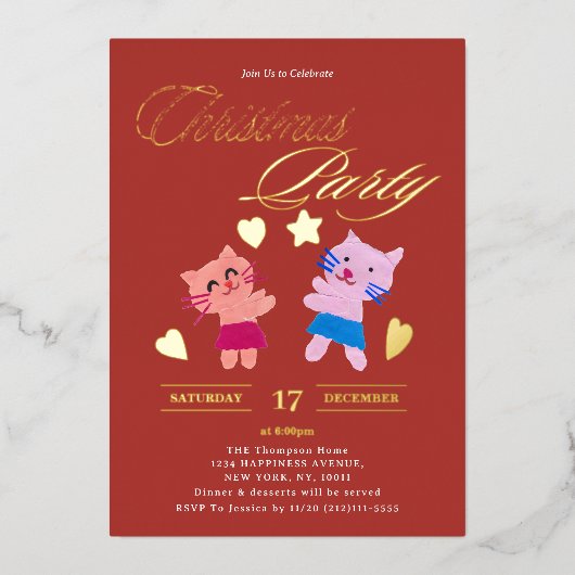 Feestelijke kalligrafie schattige katten rood kers folie uitnodiging (Voorkant)