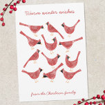 Feestelijke Kardinaalvogel Aquarel Gepersonaliseer Feestdagenkaart<br><div class="desc">Leuke en vrolijke kleine kardinaalvogels in rood en wit,  perfect voor Kerstmis en de wintervakantie. Verander de naam en de groet om te personaliseren,  en voeg uw eigen tekst toe op de achterkant,  of laat leeg als u dat liever hebt. Originele kunst van Nic Squirrell.</div>