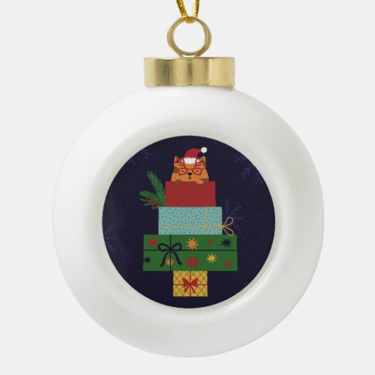 Feestelijke kat in cadeaustapel ornament (Voorkant)