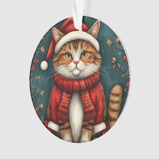 Feestelijke kat met kerstmuts en sjaal ornament (voorkant)