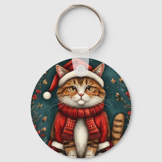 Feestelijke kat met kerstmuts en sjaal sleutelhanger (Voorkant)