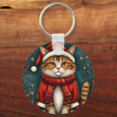 Feestelijke kat met kerstmuts en sjaal sleutelhanger (Achterkant)