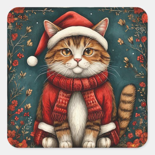 Feestelijke kat met kerstmuts en sjaal vierkante sticker (Voorkant)