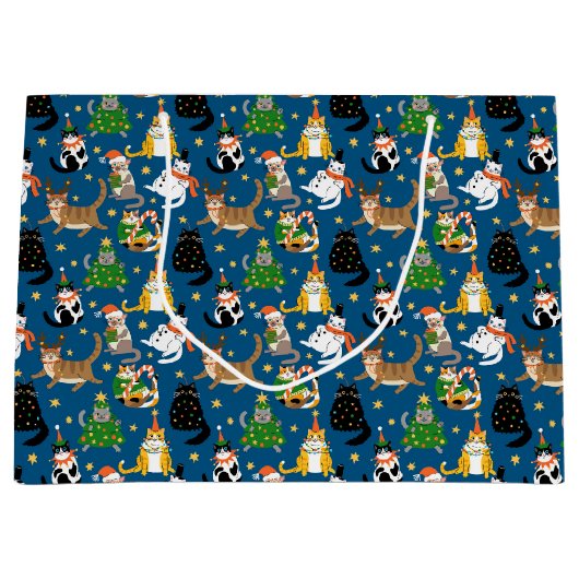 Feestelijke katten in kerstkostuums patroon groot cadeauzakje (Voorkant)