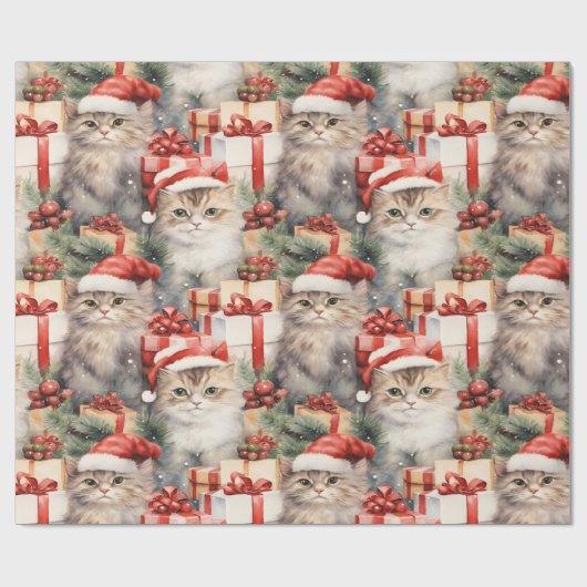 Feestelijke katten in Santa hoeden en geschenken Cadeaupapier (Vlak)
