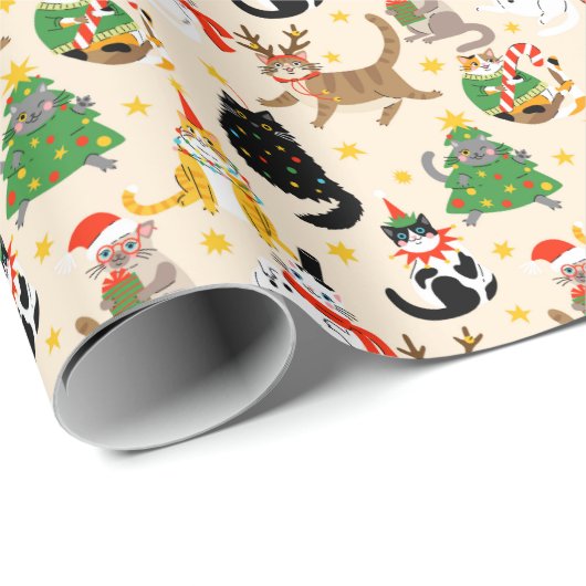 Feestelijke Katten Kerstpatroon Cadeaupapier (Rol Hoek)