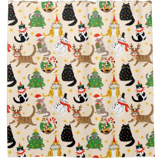 Feestelijke Katten Kerstpatroon Douchegordijn (Voorkant)
