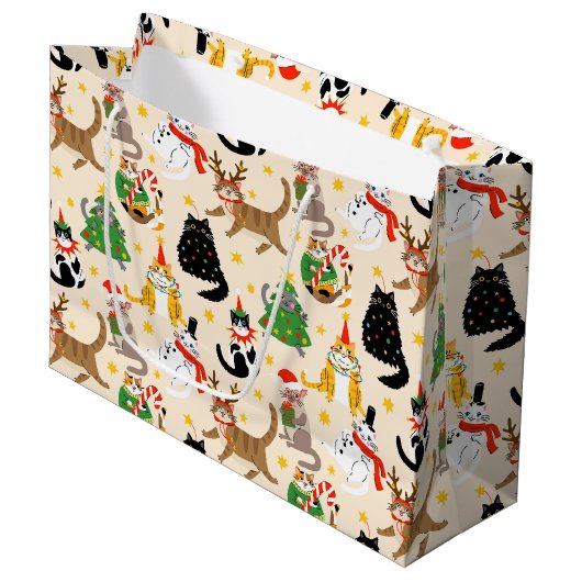 Feestelijke Katten Kerstpatroon Groot Cadeauzakje (Voorkant Gekanteld)