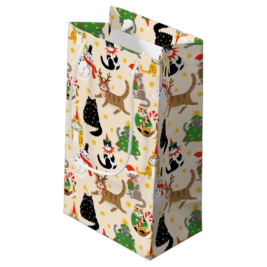 Feestelijke Katten Kerstpatroon Klein Cadeauzakje (Achterkant Gekanteld)