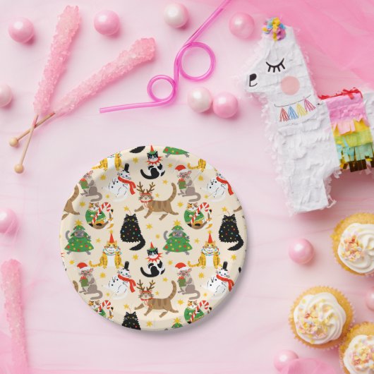 Feestelijke Katten Kerstpatroon Papieren Bordje (Feest)