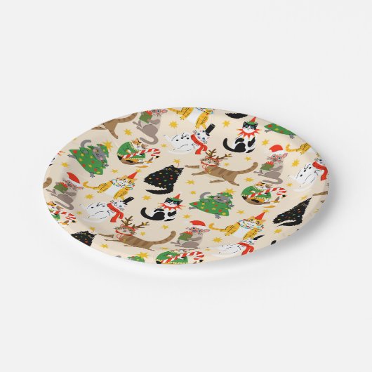 Feestelijke Katten Kerstpatroon Papieren Bordje (Gekanteld)