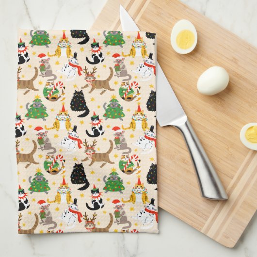 Feestelijke Katten Kerstpatroon Theedoek (Quarter Fold)