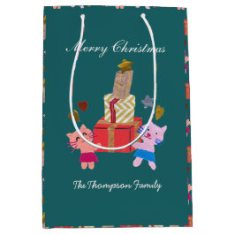 Feestelijke katten met cadeau groene kerst medium cadeauzakje