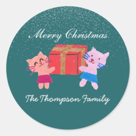 Feestelijke katten met geschenkdoos donkergroene k ronde sticker