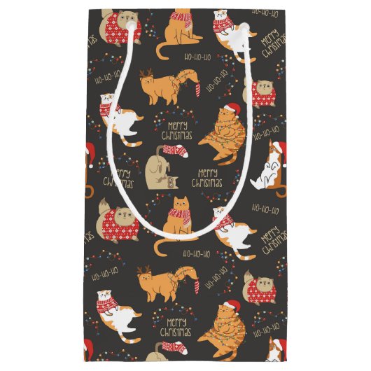 Feestelijke Katten Met Lichten Kerstpatroon Klein Cadeauzakje (Voorkant)