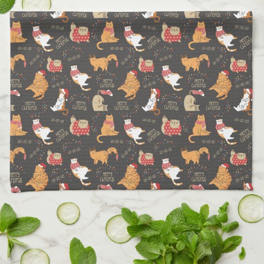 Feestelijke Katten Met Lichten Kerstpatroon Theedoek (Gevouwen)