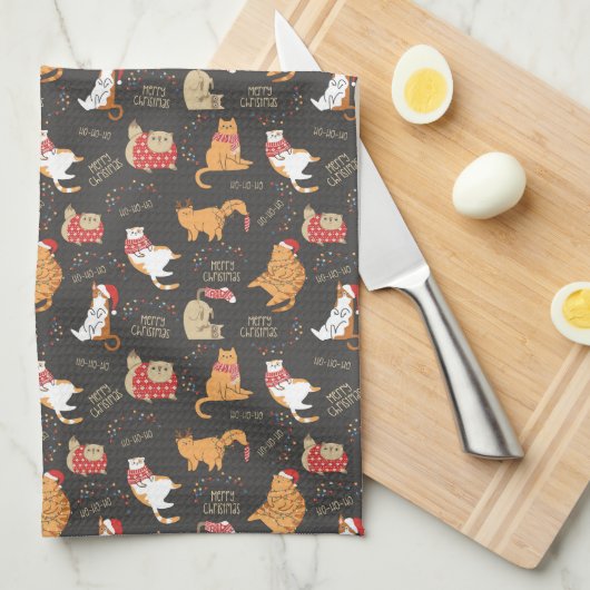 Feestelijke Katten Met Lichten Kerstpatroon Theedoek (Quarter Fold)