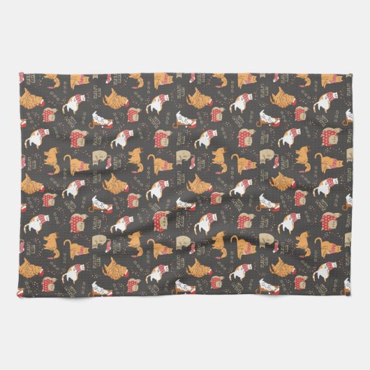 Feestelijke Katten Met Lichten Kerstpatroon Theedoek (Horizontaal)