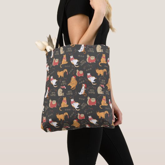 Feestelijke Katten Met Lichten Kerstpatroon Tote Bag (Dichtbij)