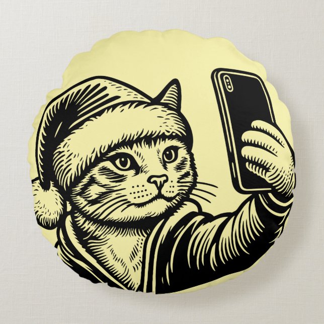 Feestelijke Katten Selfie Rond Kussen (Voorkant)