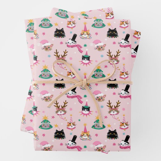 Feestelijke Kattengezichten in Vakantie Petten Pat Inpakpapier Vel (In situ)