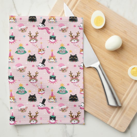 Feestelijke Kattengezichten in Vakantie Petten Pat Theedoek (Quarter Fold)