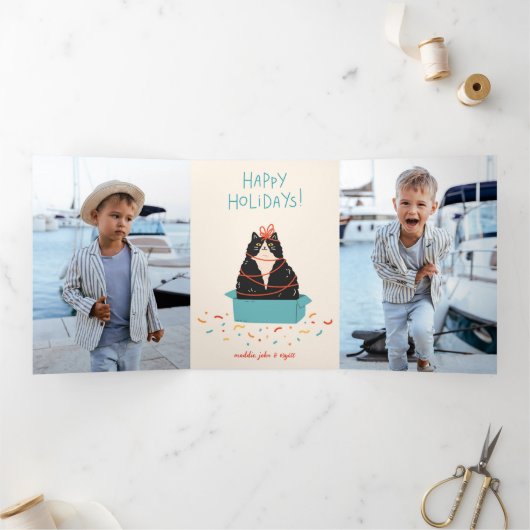 Feestelijke kattenvakantie drieluik wenskaart (Binnen)