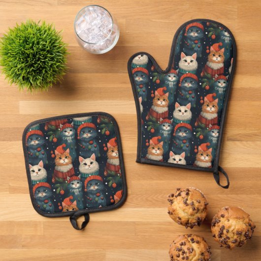 Feestelijke Kattenvakantie Ovenwant & Pannenlap Set (Top down)