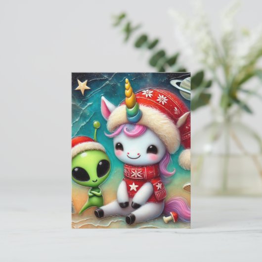 Feestelijke kerst Alien en Unicorn Briefkaart (Staand voorkant)