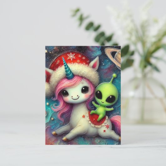 Feestelijke kerst Alien en Unicorn Briefkaart (Staand voorkant)