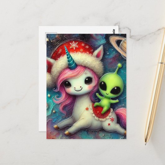 Feestelijke kerst Alien en Unicorn Briefkaart (Voorkant / Achterkant in situ)