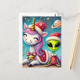 Feestelijke kerst Alien en Unicorn Briefkaart
