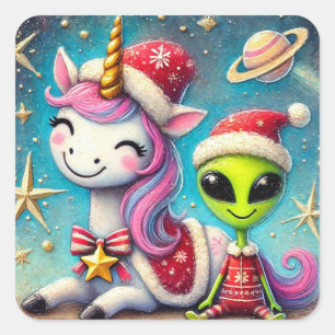 Feestelijke kerst Alien en Unicorn Vierkante Sticker