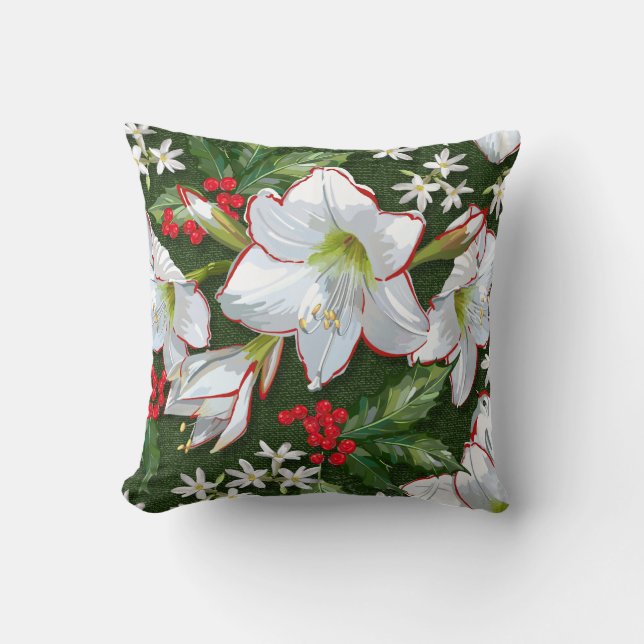 Feestelijke Kerst Amaryllis + Holly Patroon Kussen (Voorkant)