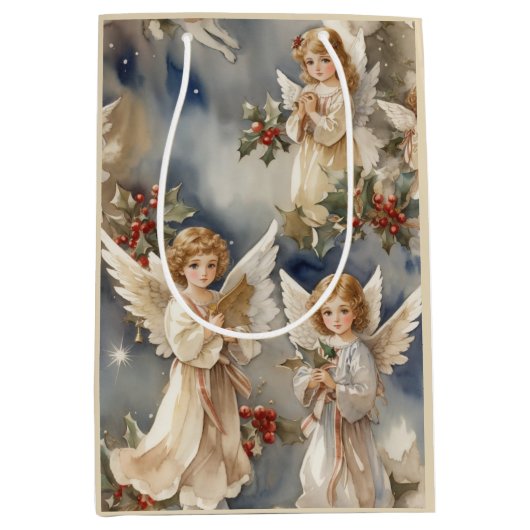 Feestelijke Kerst Angels Vakantie waterverf Medium Cadeauzakje (Voorkant)