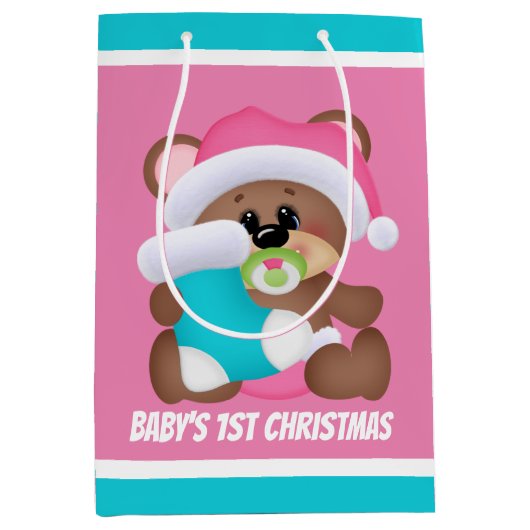 Feestelijke kerst baby meisje beer eerste feest medium cadeauzakje (Voorkant)