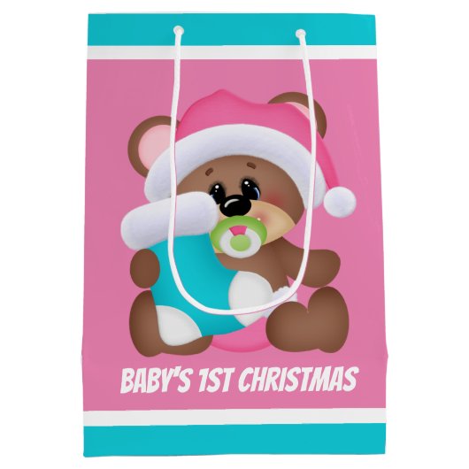 Feestelijke kerst baby meisje beer eerste feest medium cadeauzakje (Achterkant)
