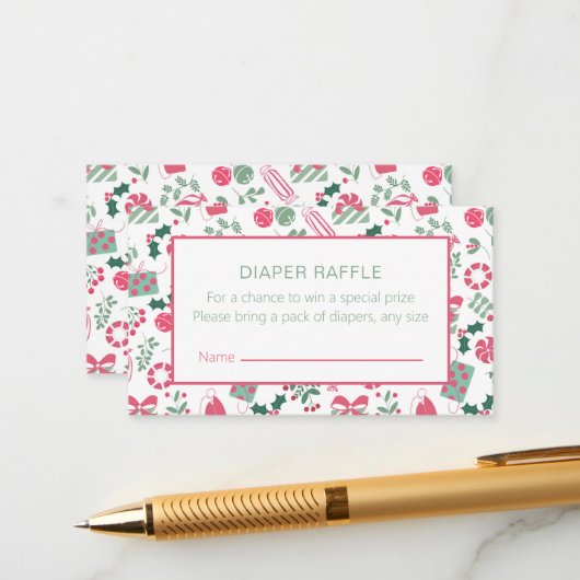 Feestelijke Kerst Baby shower Luier Raffle Informatiekaartje (Voorkant / Achterkant in situ)
