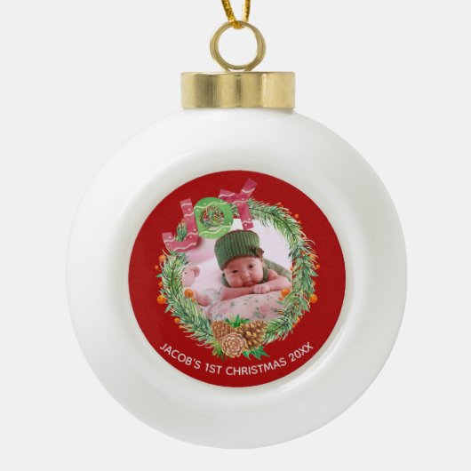 Feestelijke KERST Baby's Eerste Kerst FOTO Keramische Bal Ornament (Voorkant)
