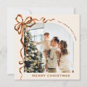 Feestelijke Kerst Beige Boho Bow Ribbon 2 Foto Feestdagenkaart (Voorkant)
