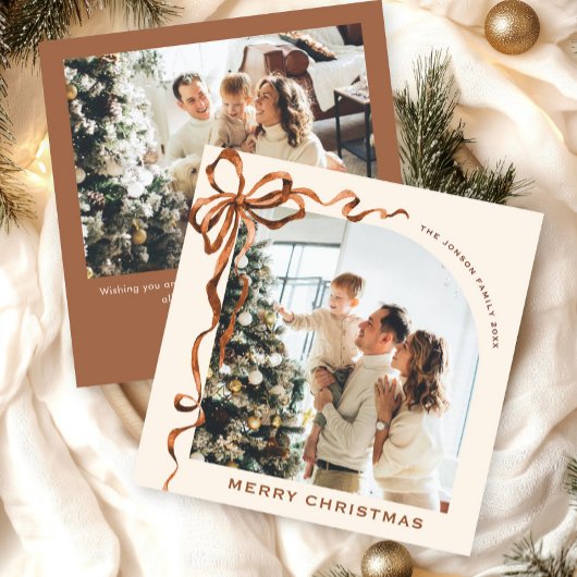 Feestelijke Kerst Beige Boho Bow Ribbon 2 Foto Feestdagenkaart