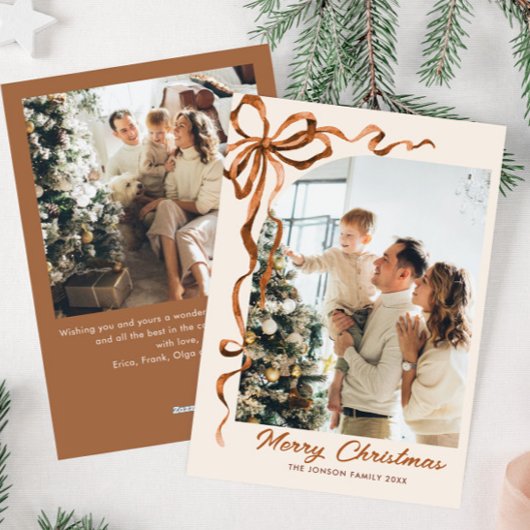 Feestelijke Kerst Beige Boho Bow Ribbon 2 Foto Feestdagenkaart