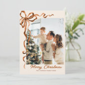 Feestelijke Kerst Beige Boho Bow Ribbon 2 Foto Feestdagenkaart (Staand voorkant)