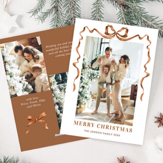 Feestelijke Kerst Beige Boho Bow Ribbon 3 Foto Feestdagenkaart